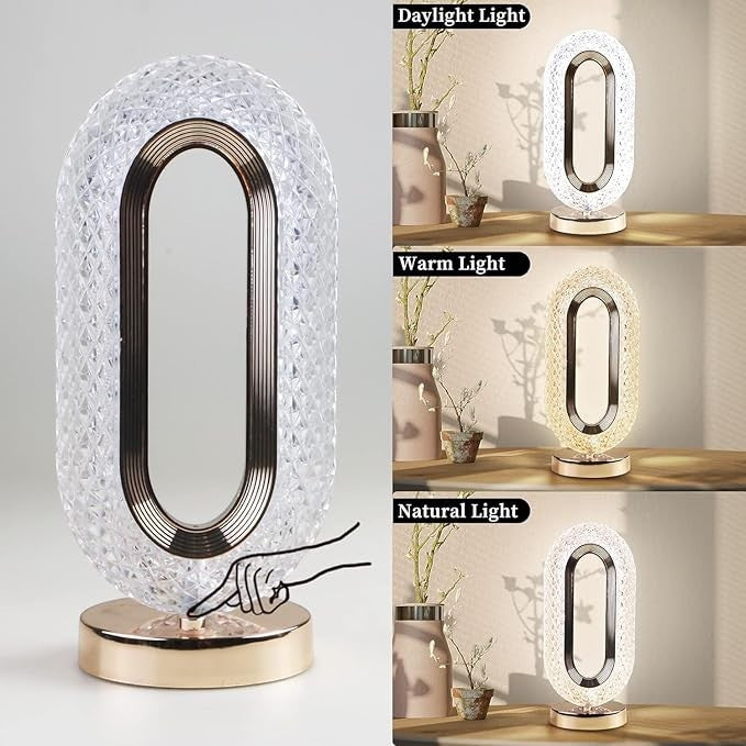 مصباح طاولة كريستال دايموند LED، 3 درجات حرارة للالوان، تحكم باللمس، منفذ USB، مصباح LED اكريليك رومانسي مبتكر لغرفة النوم وغرفة المعيشة وغرفة الاطفال والمكتب، أصفر دافئ