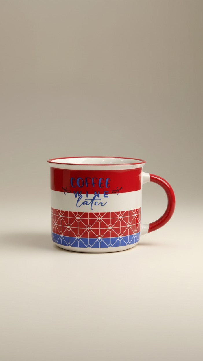 Asoula ceramic mug with red, white, and blue stripes and geometric pattern. Features