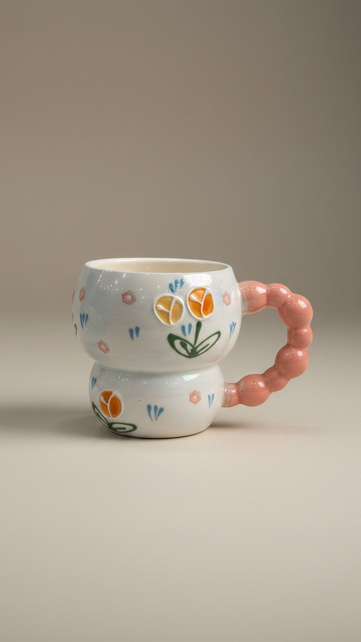 Asoula white ceramic coffee mug with a pink bubble handle and a charming floral design featuring orange and yellow tulips.