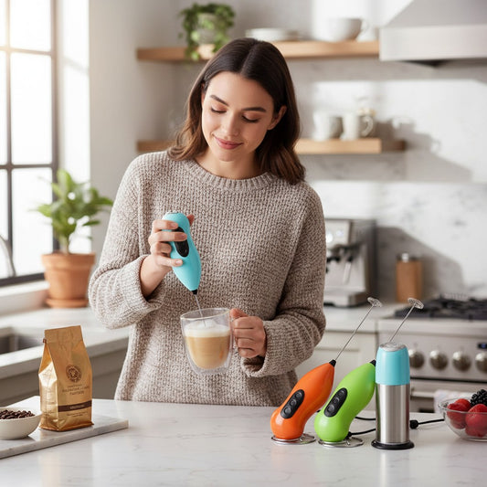 Asoula electric milk frother for cappuccino and Nescafé, with a metal whisk and colorful handles in red, orange, green, and blue.