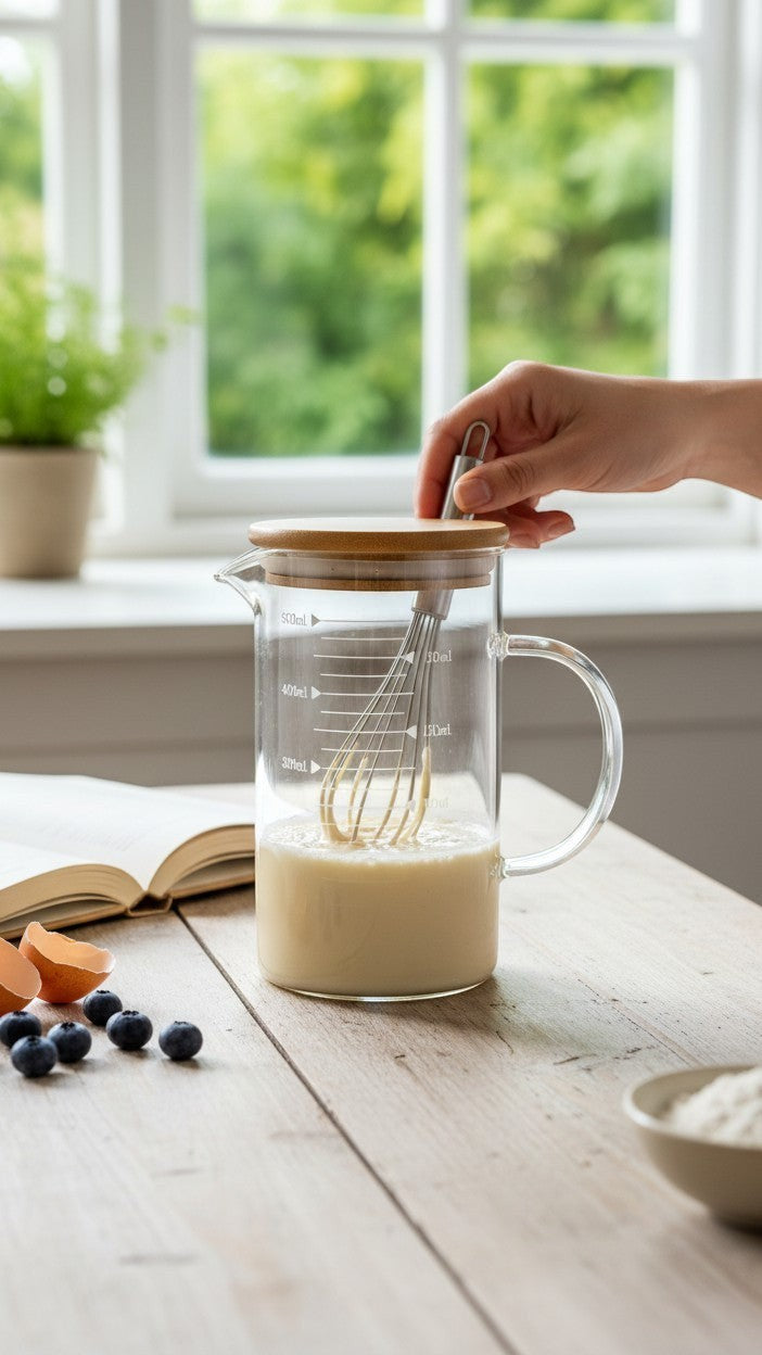 Asoula 500ml clear glass measuring jug with bamboo lid and handle, featuring ml markings and cooking illustrations.