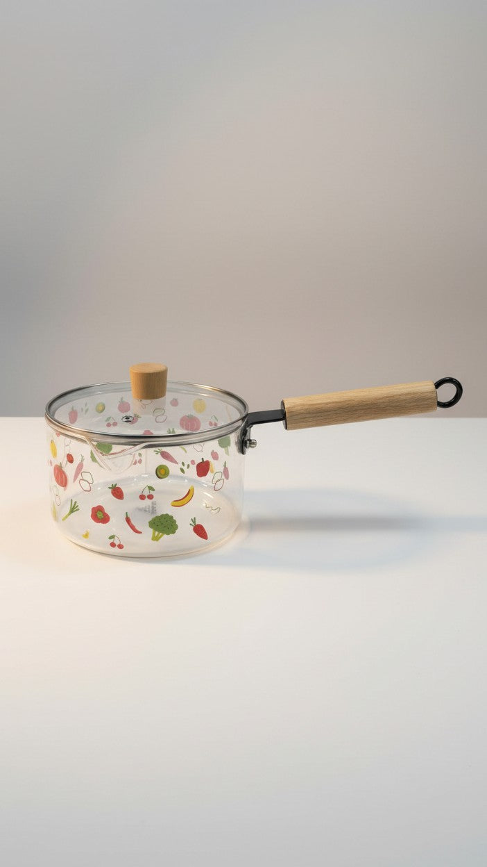 Asoula clear glass saucepan with lid, featuring a fun fruit and vegetable print. Oven-safe for versatile cooking.