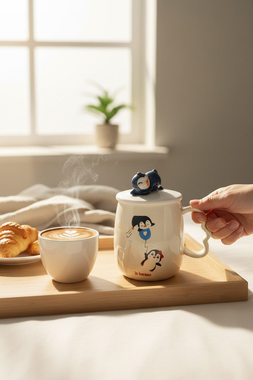 Asoula white porcelain mug with cute cartoon penguins, a lid with a sleeping penguin, and a heart-shaped balloon design.