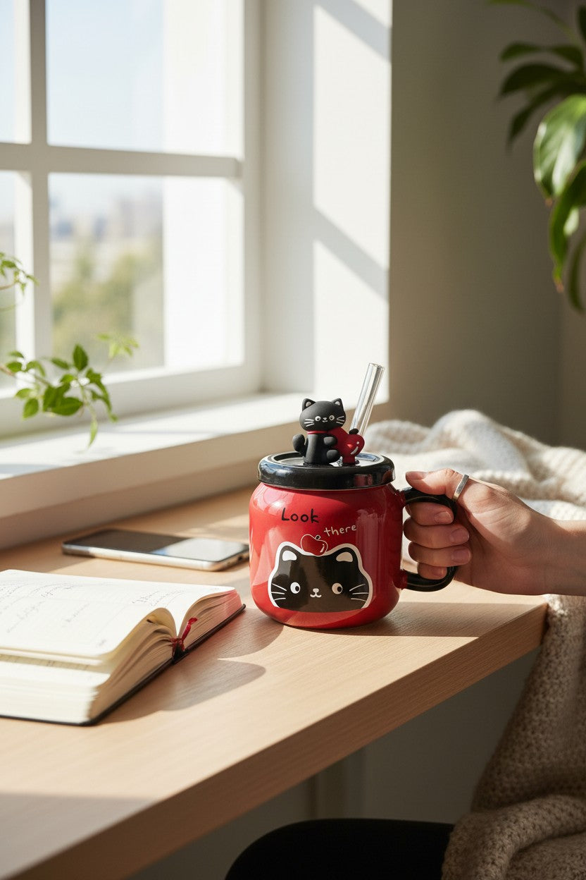 Asoula red porcelain mug with black cat design, lid, straw, and black handle. Features a cute black cat topper holding a red heart.
