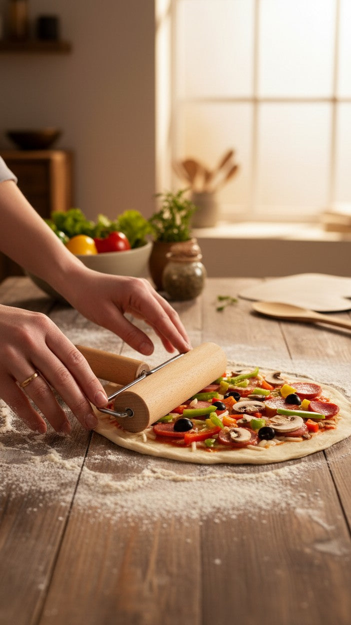 Asoula small wooden rolling pin with metal handles for dough and pizza.
