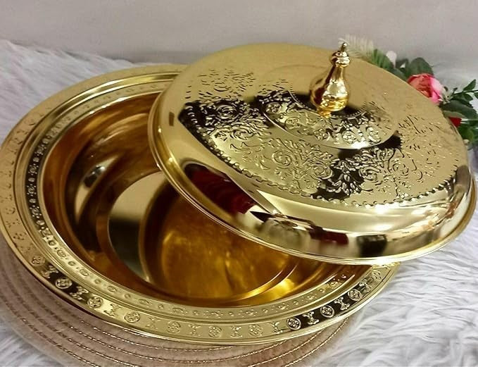 صينية تقديم كبسة - صينية بتصميم عثماني من الفولاذ المقاوم للصدأ مع غطاء للمندي واللحوم المشوية