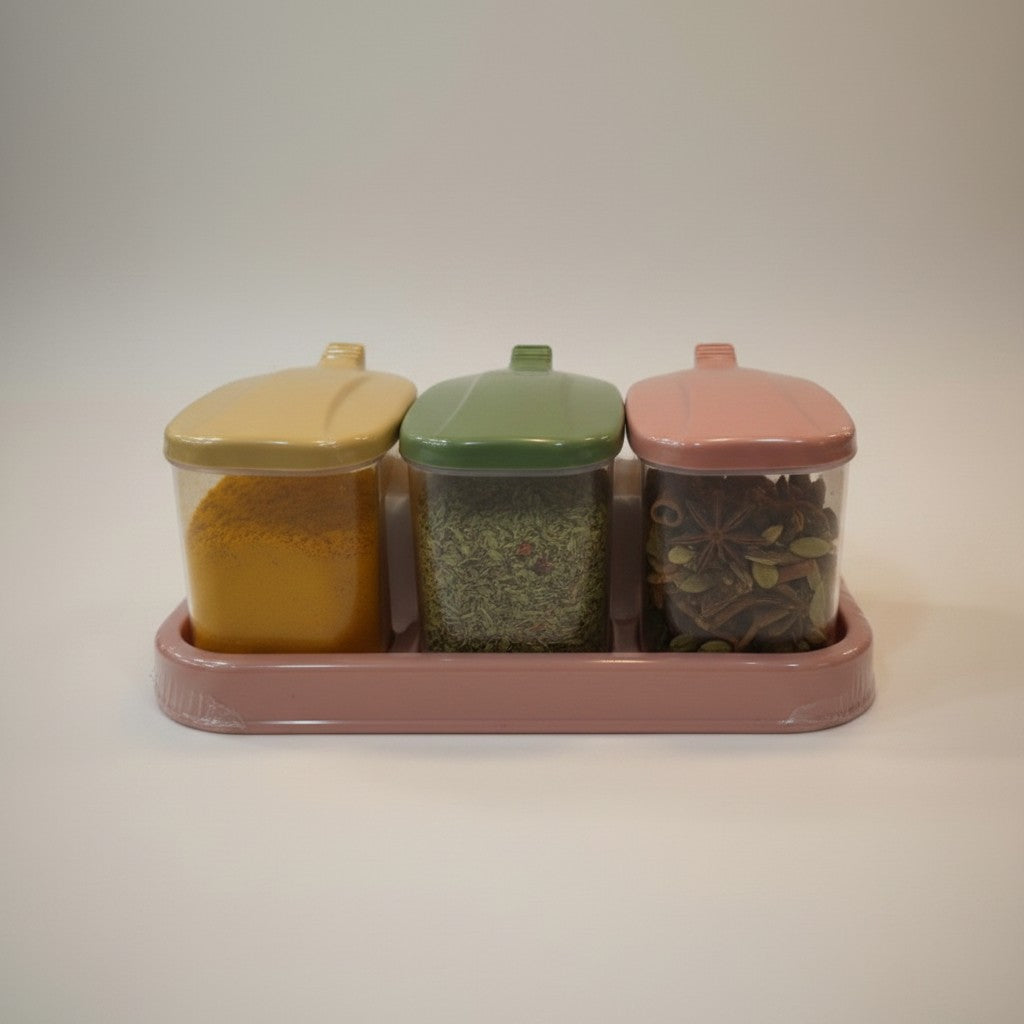 Asoula 3-piece seasoning box set with yellow, green, and pink lids. Clear plastic containers with decorative labels.