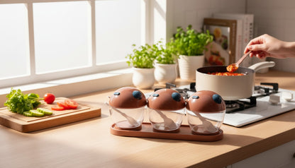 Asoula 3-piece spice jar set with spoons and tray, featuring cute brown bear-shaped lids with blue accents.