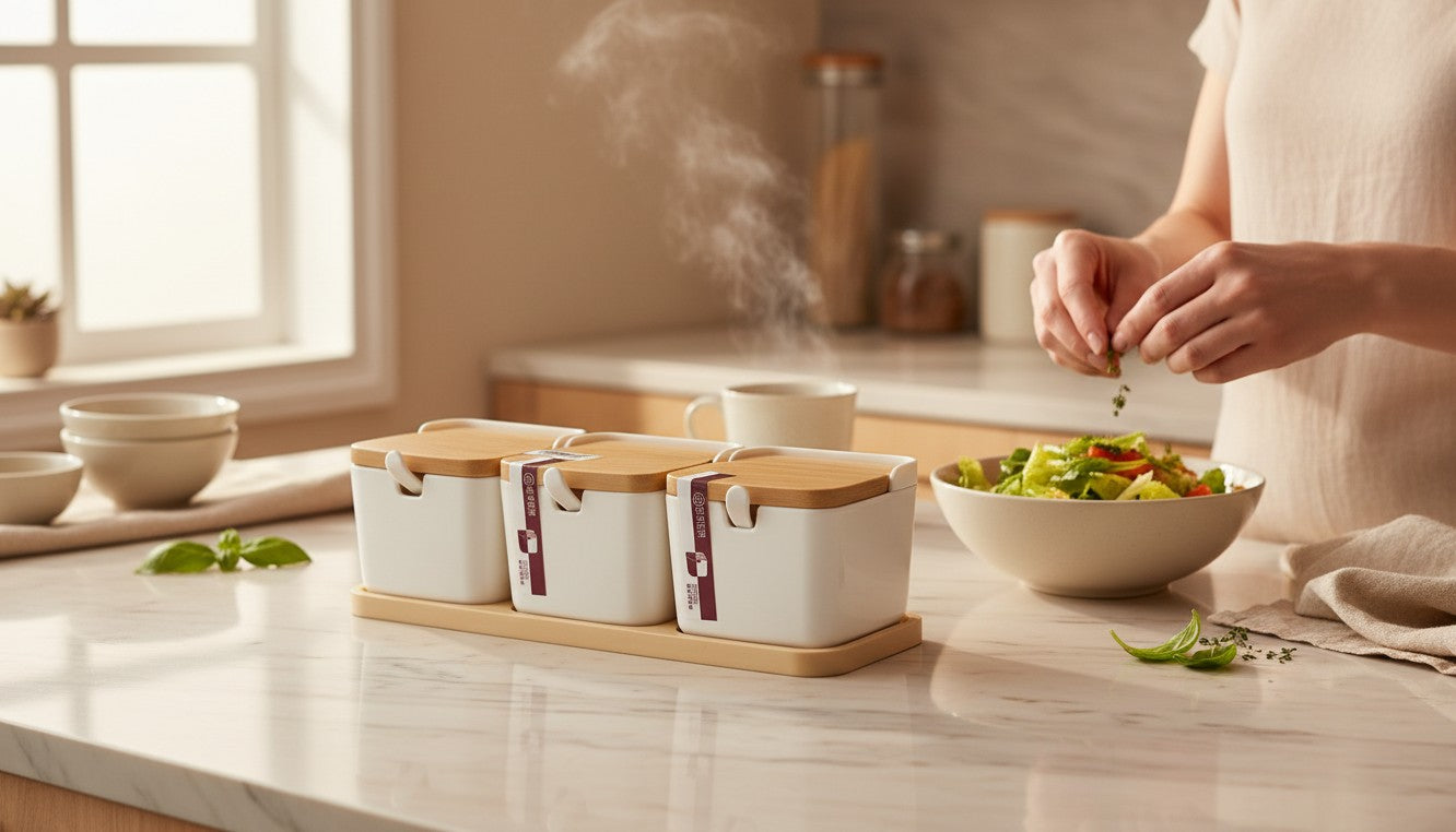 Asoula 3-piece white spice set with wooden lids and tray. Ideal for kitchen counter organization.