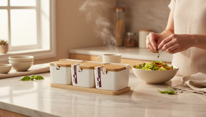 Asoula 3-piece white spice set with wooden lids and tray. Ideal for kitchen counter organization.
