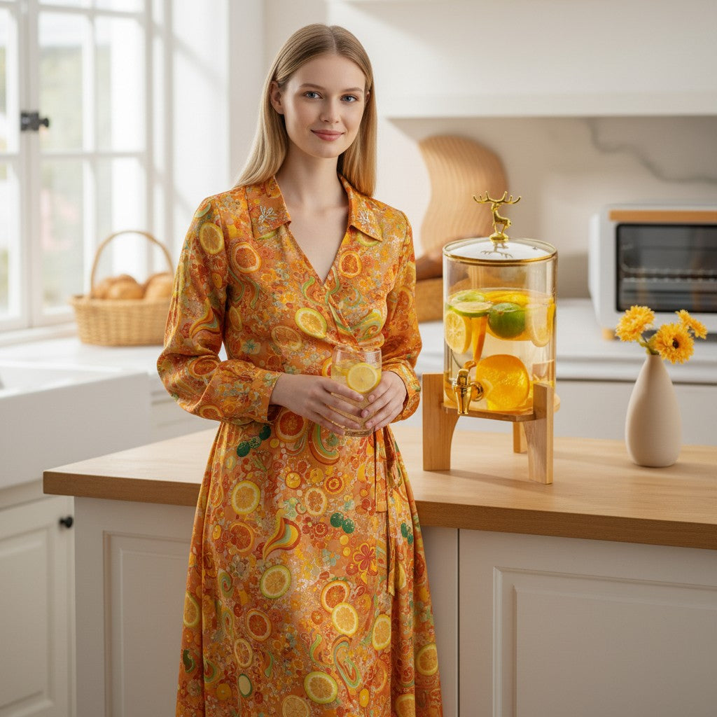 Asoula amber glass beverage dispenser with gold deer lid and spigot, on a wooden stand, filled with citrus fruit and ice.
