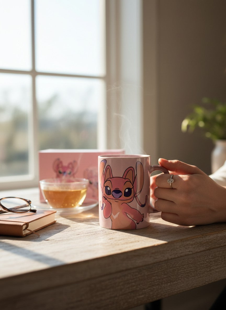 Asoula pink mug featuring Angel from Lilo & Stitch character design. Includes matching gift box.