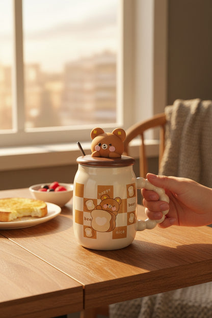 Asoula white ceramic mug with brown checkered pattern and cute bear illustration, featuring a bear topper and a bubble-shaped handle.