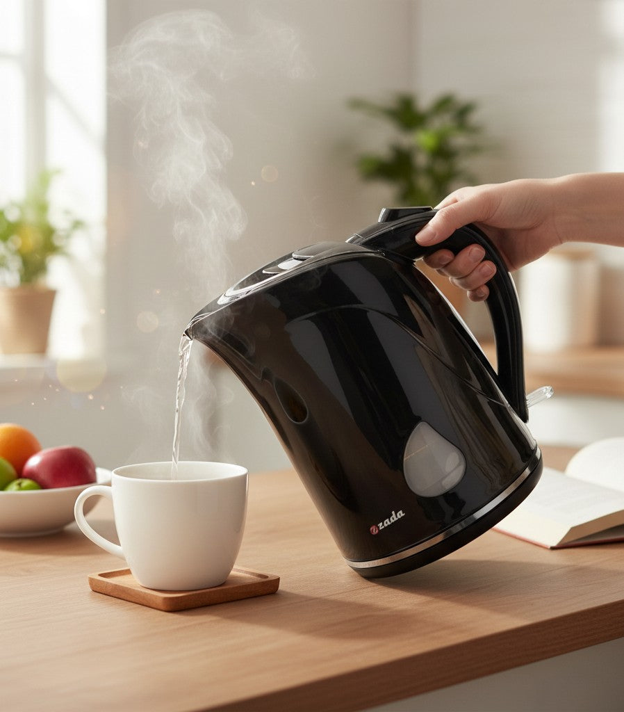 Asoula Zada ZKT-200 black plastic electric kettle, 2L capacity, with auto shut-off and boil-dry protection.