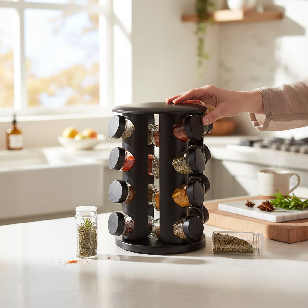 Asoula black metal 360-degree rotating spice rack with 16 clear glass jars and black lids for kitchen organization.