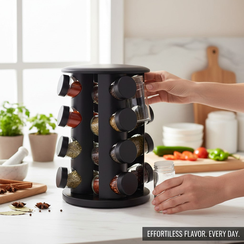 Asoula black metal 360-degree rotating spice rack with 16 glass jars and black lids. Kitchen organiser.
