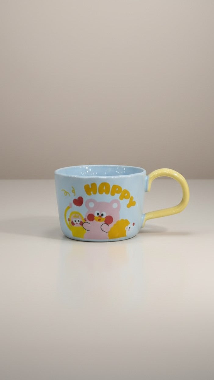 Asoula light blue ceramic mug with yellow handle, featuring cute cartoon bear and friends with the word HAPPY.