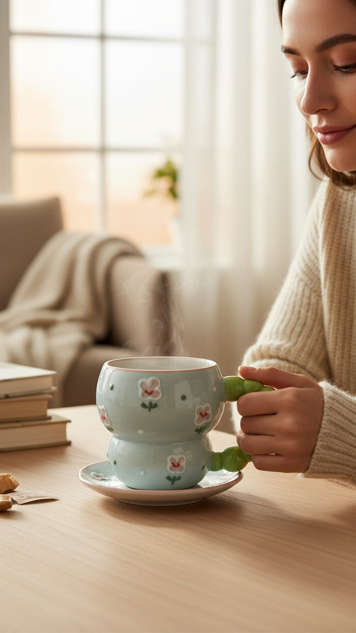 Asoula light blue ceramic mug with pink floral design and a green bubble handle. Perfect for coffee or tea.