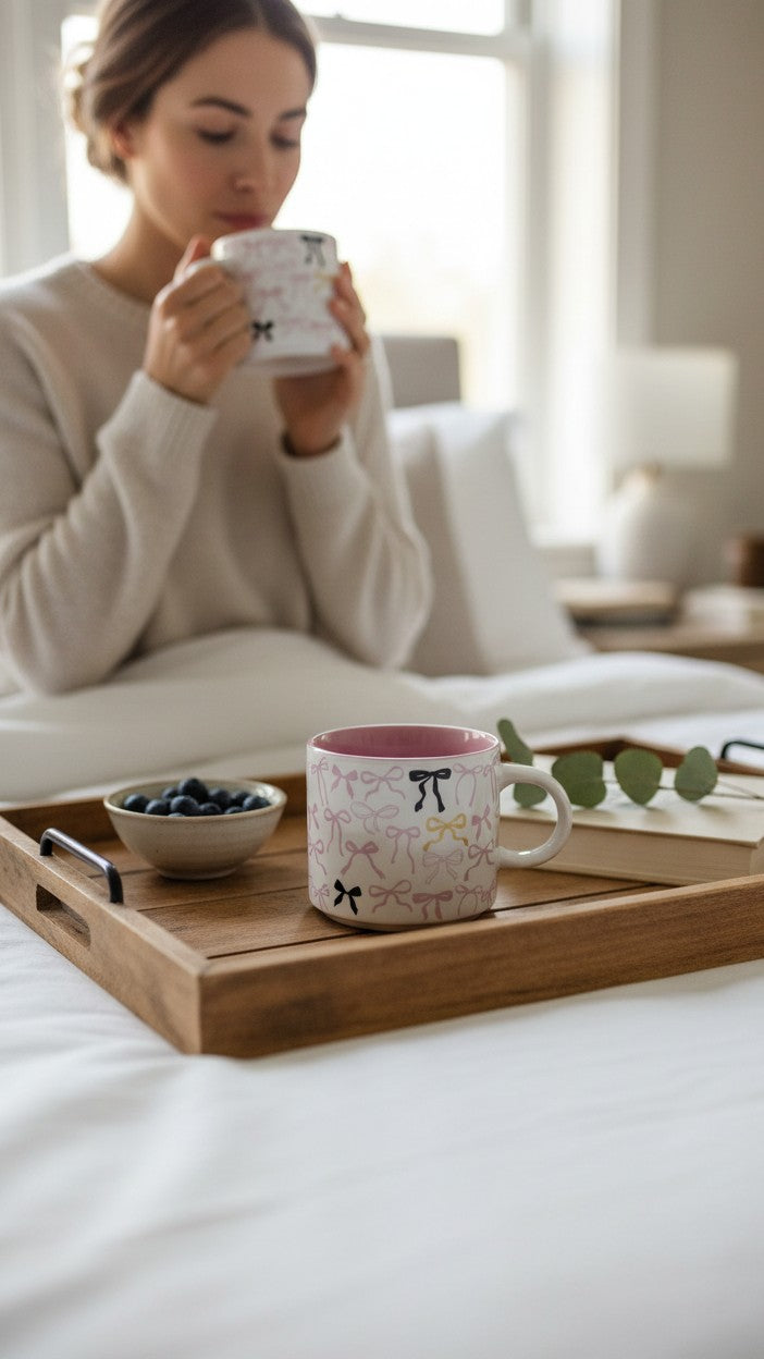 Asoula white ceramic mug with pink interior, adorned with a pattern of pink, black, and gold bows.
