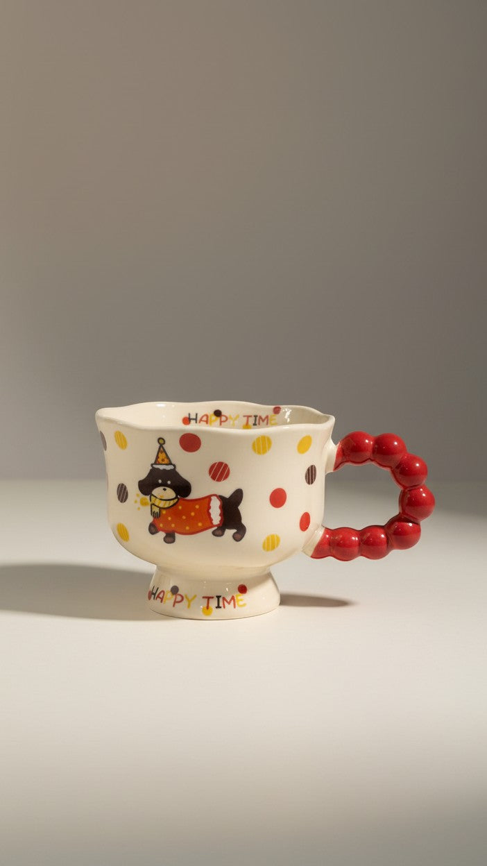 Asoula ceramic mug with a cartoon dog wearing a party hat and scarf, decorated with colorful polka dots and the words "Happy Time".