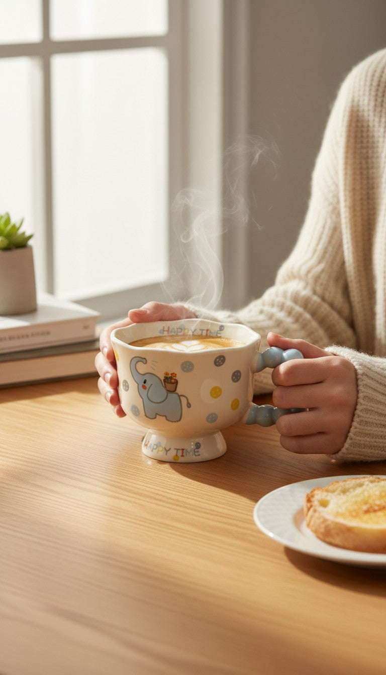 Asoula ceramic mug with a cute blue elephant design and a playful bubble handle. Features polka dots and