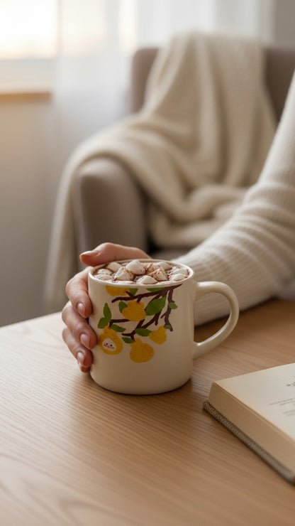 Asoula cream ceramic mug with a cute cartoon fruit design featuring yellow pears and green leaves on a branch.