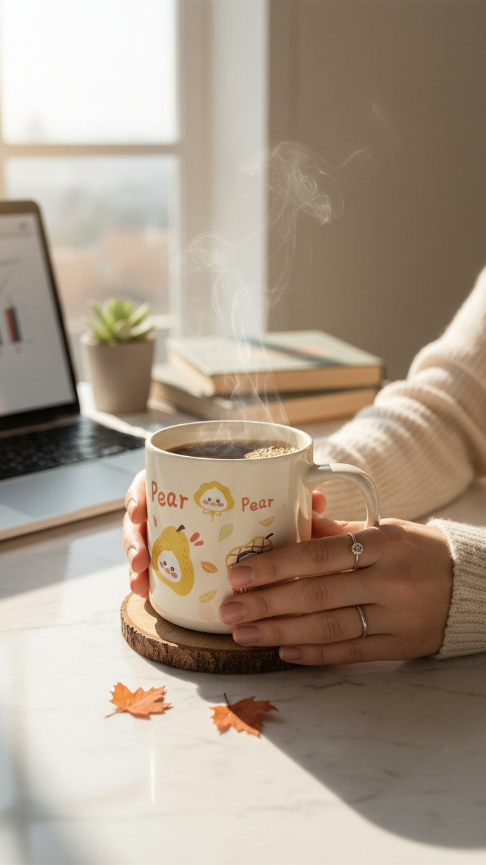 Asoula cream ceramic mug with cute cartoon pear and duck designs, perfect for coffee or tea.