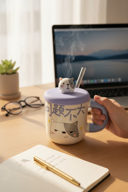 Asoula cute cartoon cat porcelain mug with purple lid and glass straw, featuring playful cat faces and Chinese text.