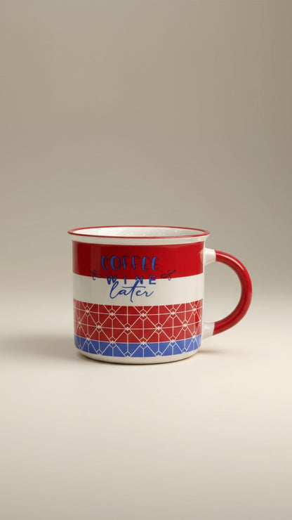 Asoula ceramic mug with red, white, and blue stripes and geometric pattern. Features