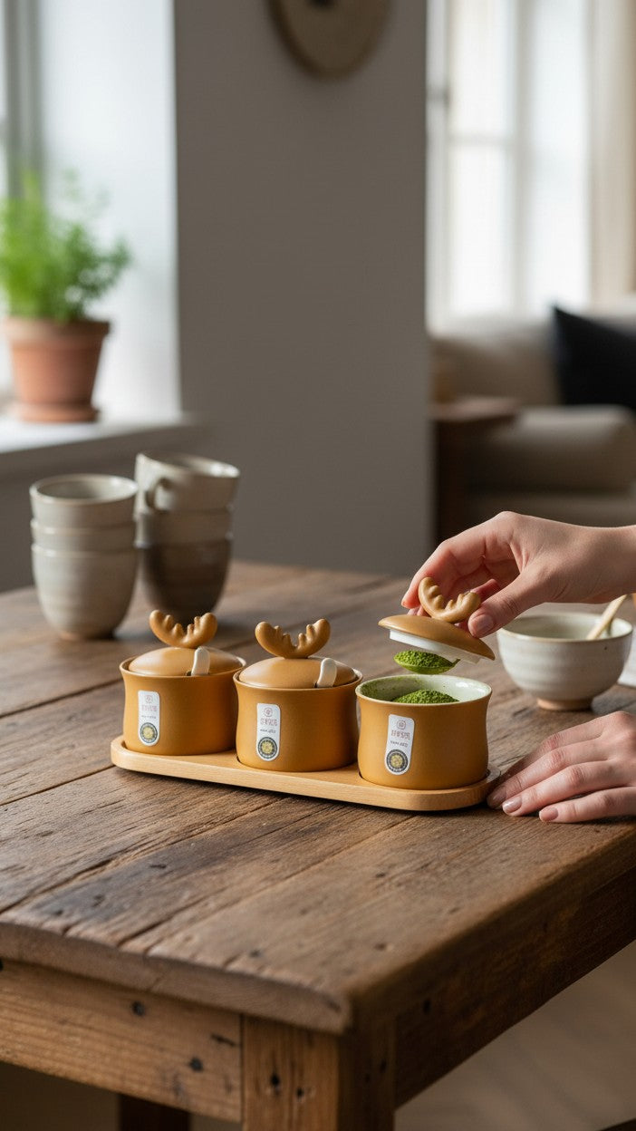Asoula 3-piece ceramic deer-shaped spice set with tray, featuring brown jars and decorative antlers.