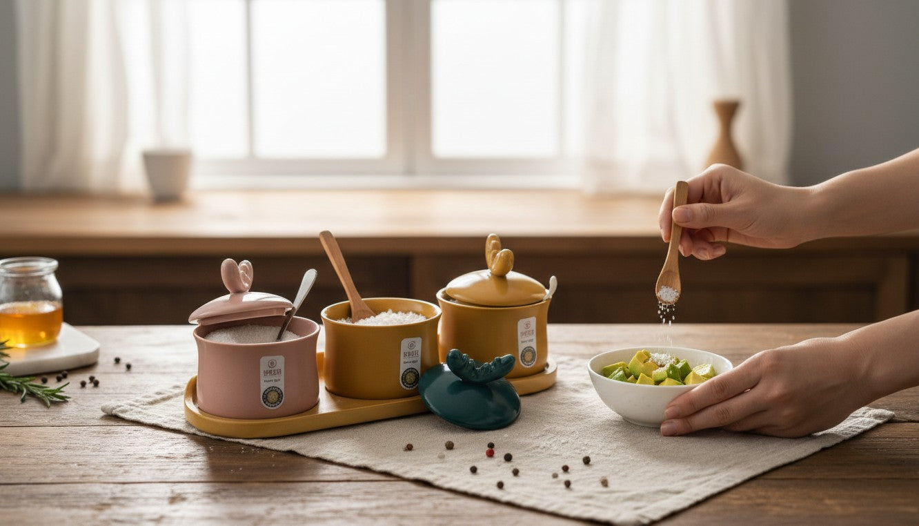 Asoula 3-piece ceramic deer-shaped spice set with tray in green, pink, and brown. Decorative kitchen storage.