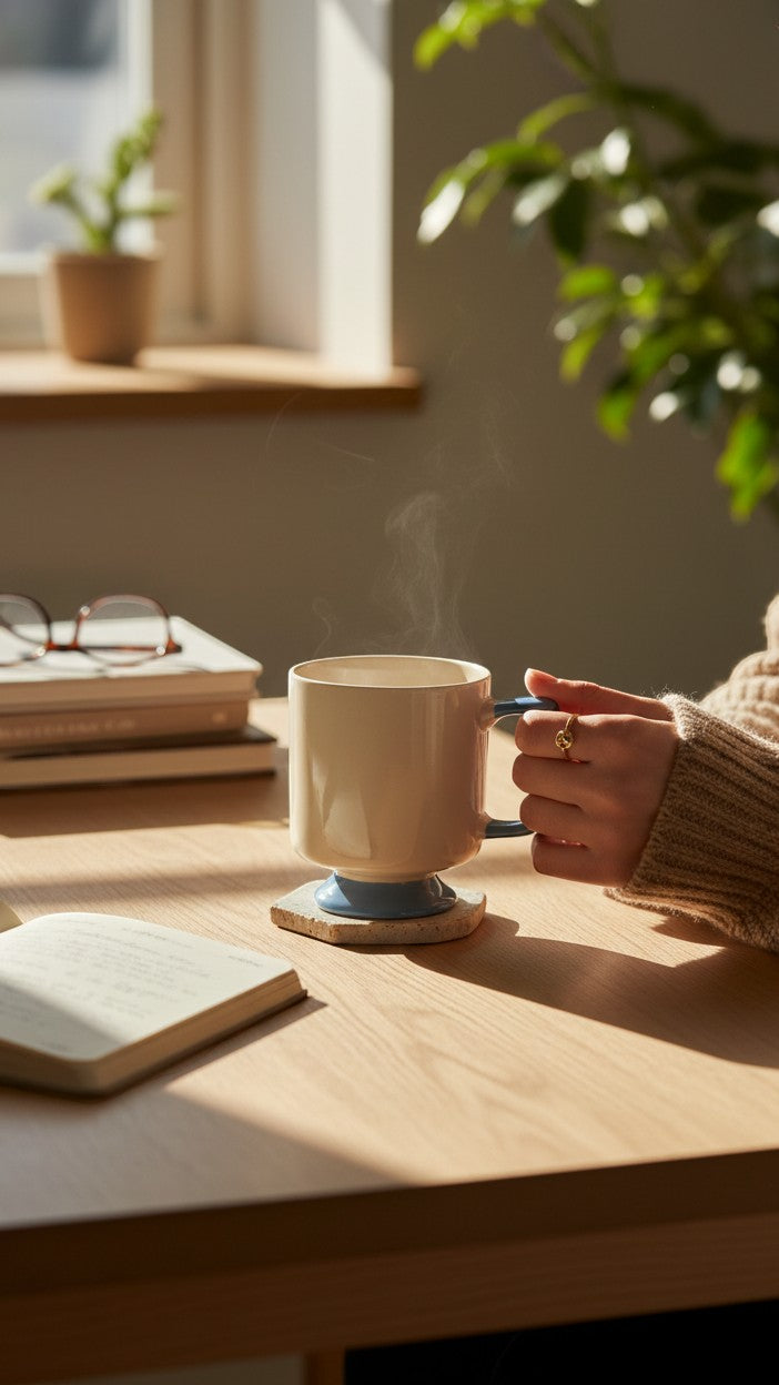 Asoula modern ceramic mug with a blue handle and base, perfect for coffee or tea.