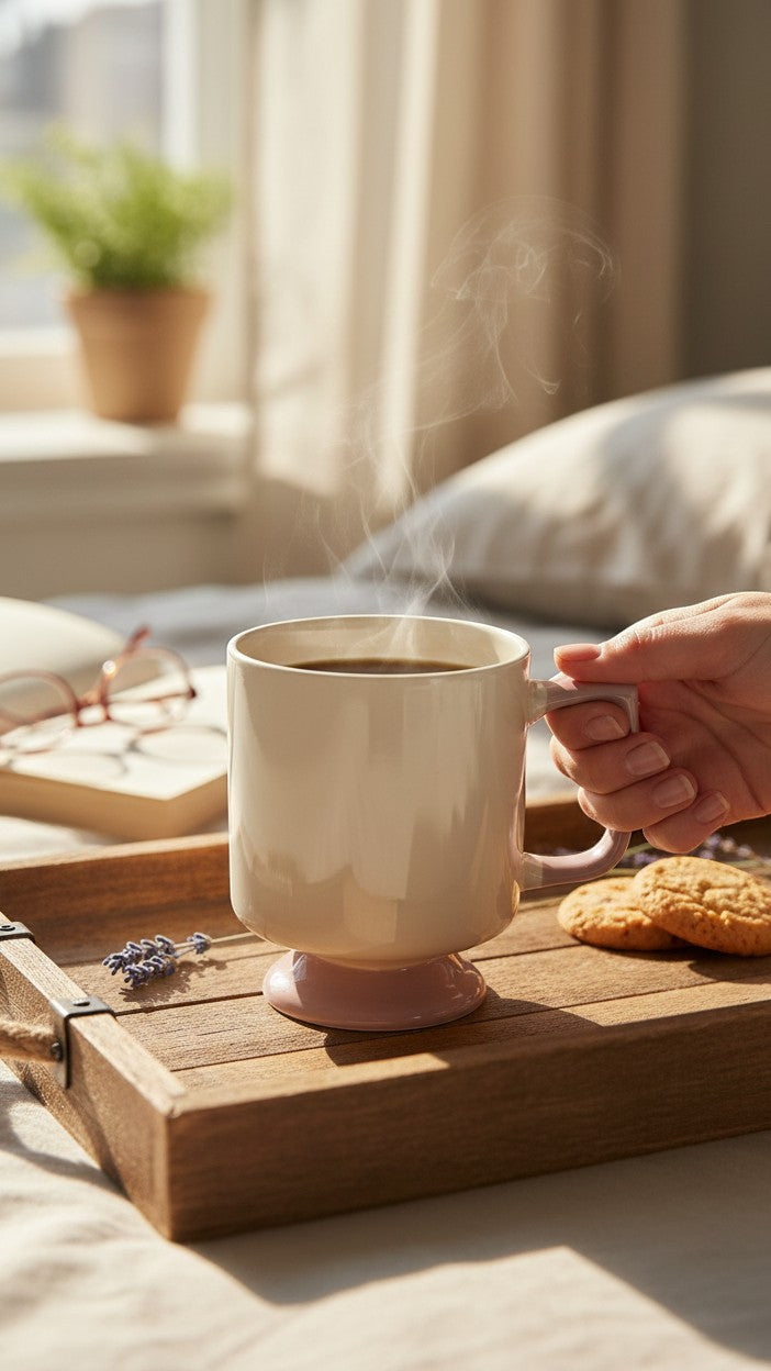 Asoula ceramic mug with a pink base, perfect for coffee or tea, featuring a simple modern design.