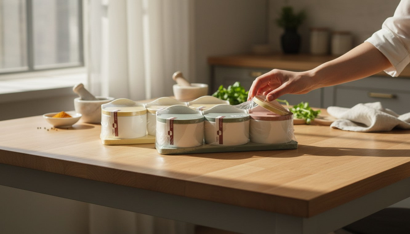 Asoula modern ceramic spice jars set with lids and tray. Available in pastel yellow, green, and pink.