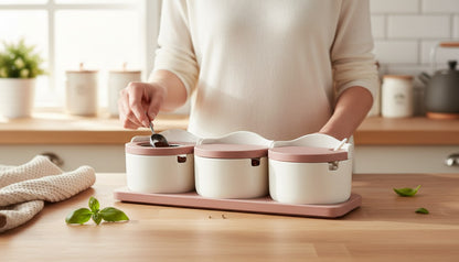 Asoula modern ceramic spice set with holder, featuring three white jars with brown lids and handles.