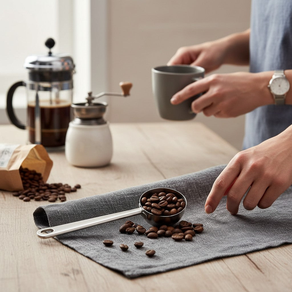 Asoula stainless steel coffee scoop with whole coffee beans on grey textured fabric