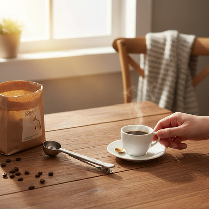 Asoula stainless steel coffee scoop with clip, 175mm long, 37mm wide handle, 23mm scoop diameter.