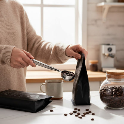 Asoula stainless steel coffee scoop and bag clip with serrated edge, holding coffee beans.
