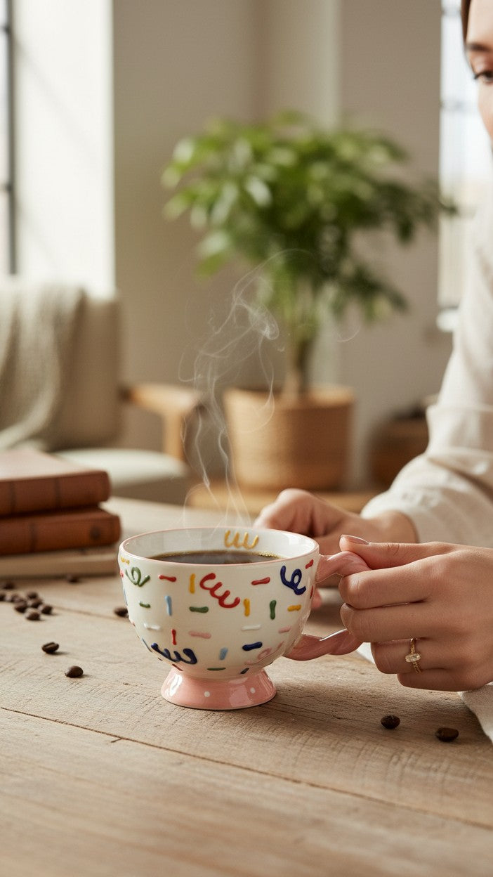 Asoula ceramic mug with a twisted pink handle, decorated with colorful sprinkles and dots. Perfect for coffee or tea.