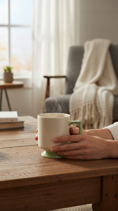 Asoula modern ceramic mug with a simple pedestal base in cream and light green, perfect for coffee or tea.