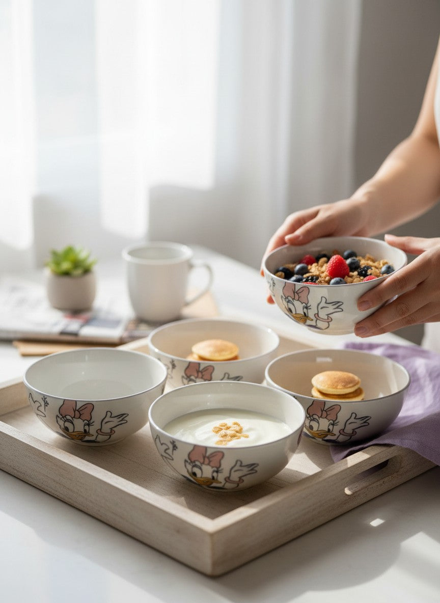 Asoula 4-piece porcelain kids' bowls featuring Daisy Duck design, 350ml capacity, safe for food.