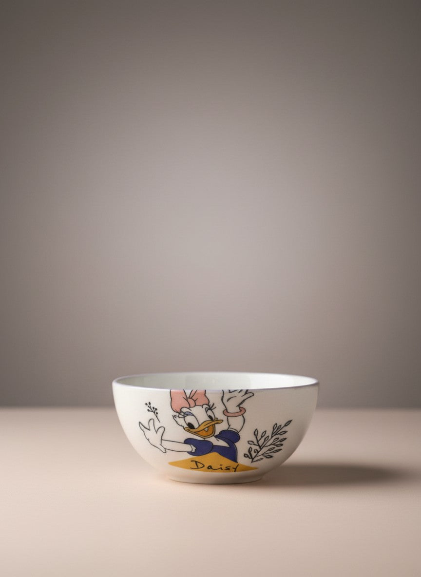 Asoula 4-piece porcelain kids' bowls featuring Daisy Duck design, 350ml capacity, safe for food.