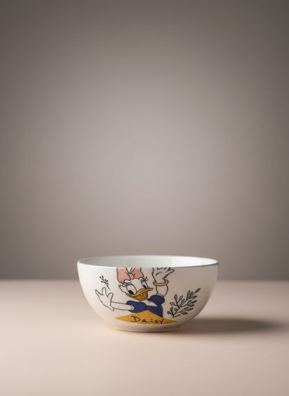 Asoula 4-piece porcelain kids' bowls featuring Daisy Duck design, 350ml capacity, safe for food.