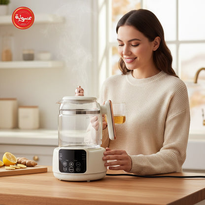Asoula smart digital glass tea maker with white base, rose gold accents, and LED touch controls for precise temperature and time settings.