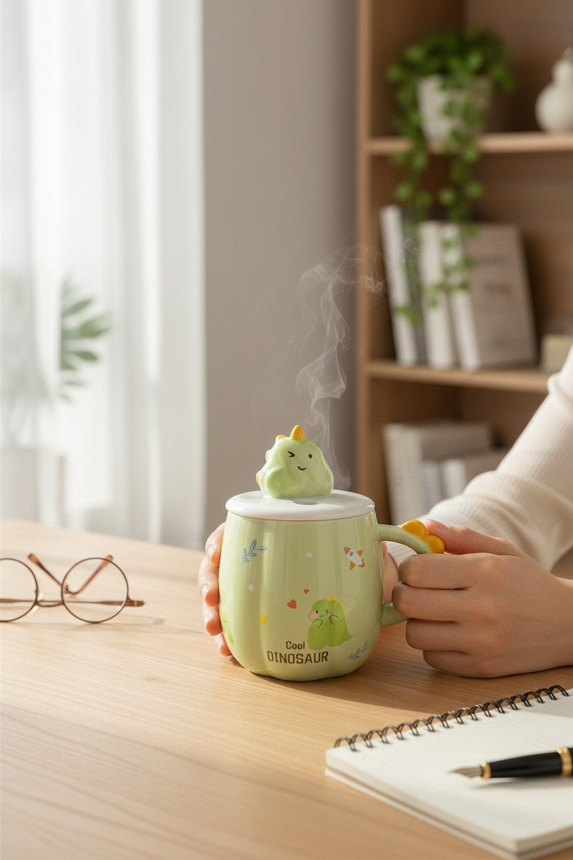 Asoula light green porcelain mug with cute cartoon dinosaur design, lid, and spoon. Features stars, rockets, and hearts.