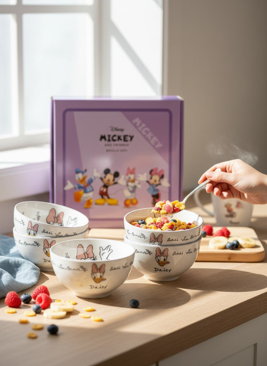 Asoula set of 4 white porcelain bowls featuring Daisy Duck design, 350ml capacity, perfect for kids' meals.