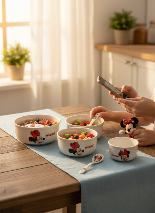 Asoula set of 3 white porcelain bowls featuring Disney's Minnie Mouse design and red bows. Ideal for storage.
