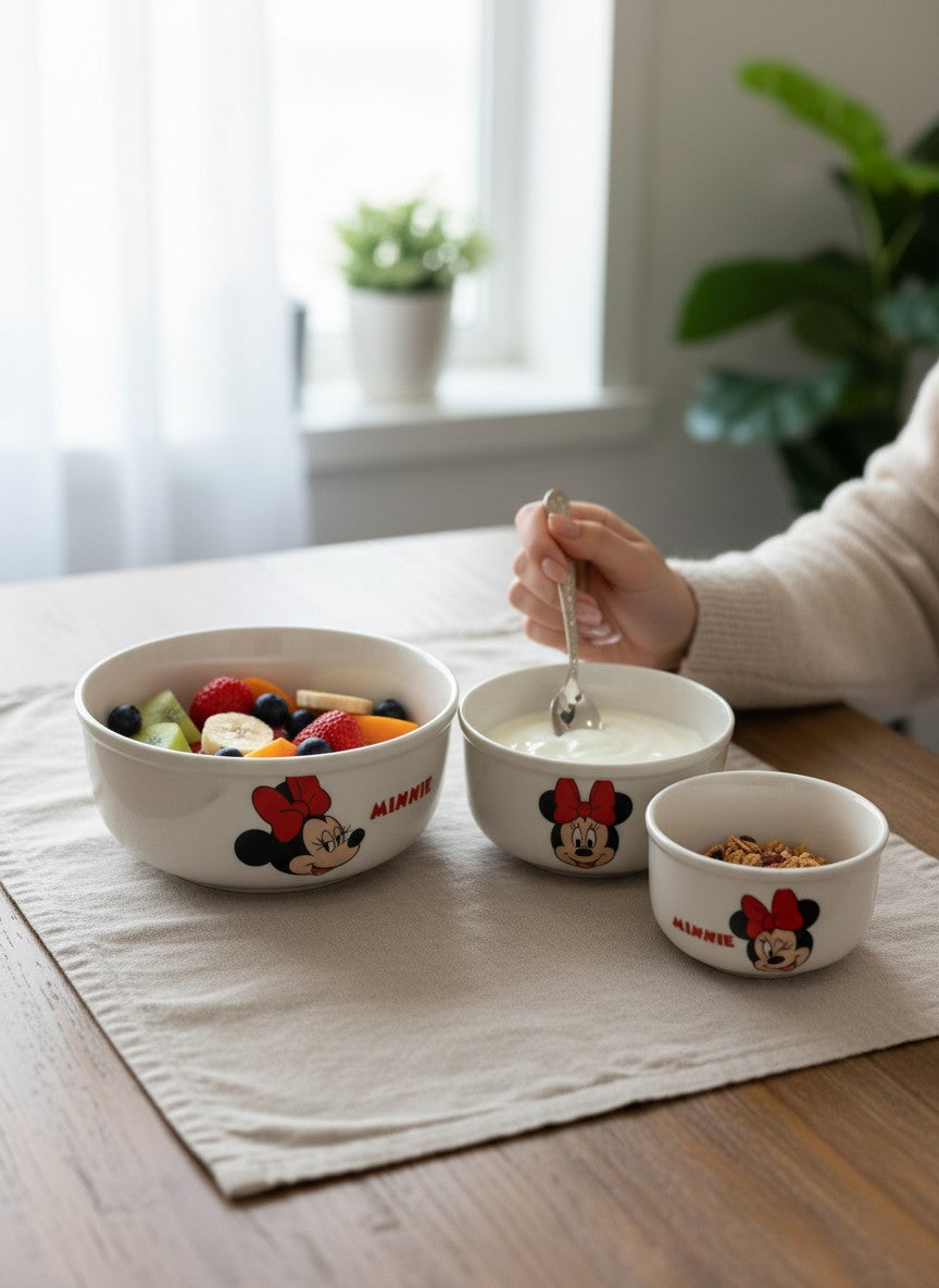 Asoula set of 3 white porcelain bowls featuring Minnie Mouse and the word Minnie. Ideal for kitchen storage.