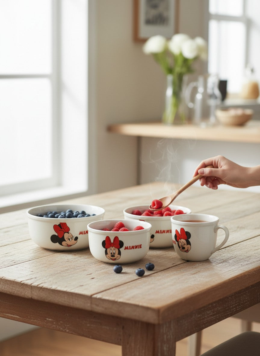 Asoula set of 3 white porcelain bowls featuring Disney's Minnie Mouse design. Ideal for kitchen storage.