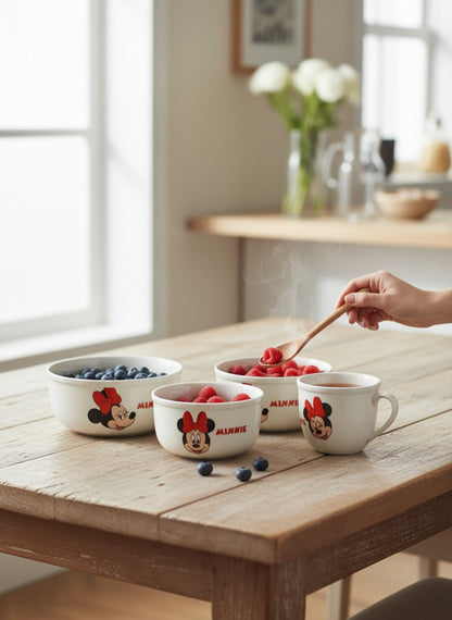 Asoula set of 3 white porcelain bowls featuring Disney's Minnie Mouse design. Ideal for kitchen storage.